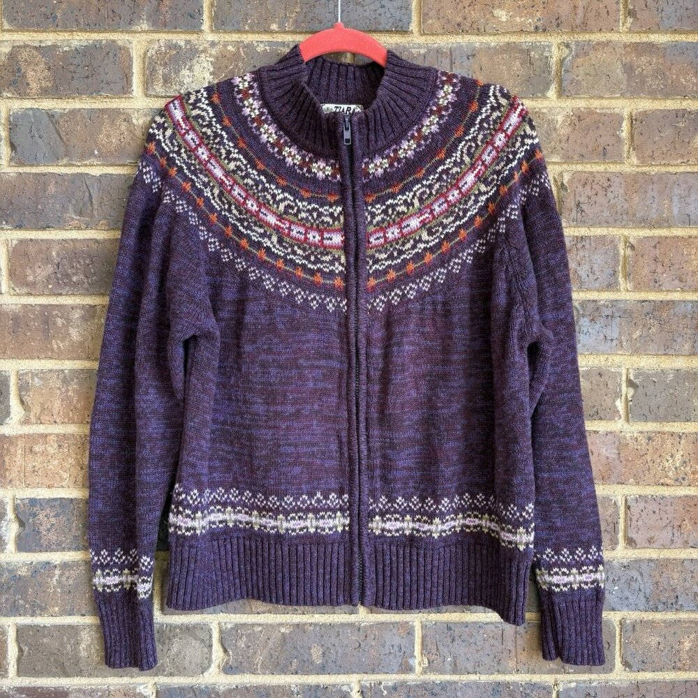Purple Nordic-style Fair Isle Full Zip Sweater size XL  ramie cotton Vintage